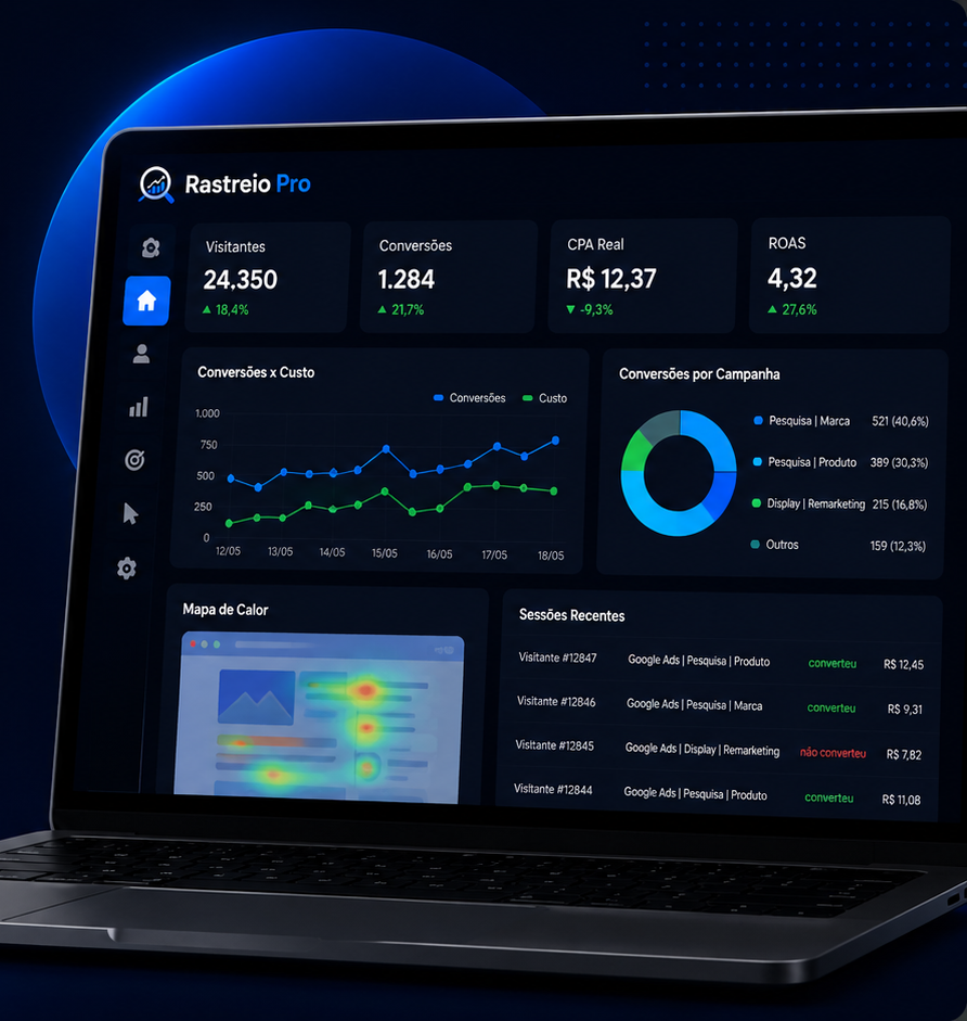 Painel do Rastreio Pro mostrando conversões, CPA e ROAS em tempo real